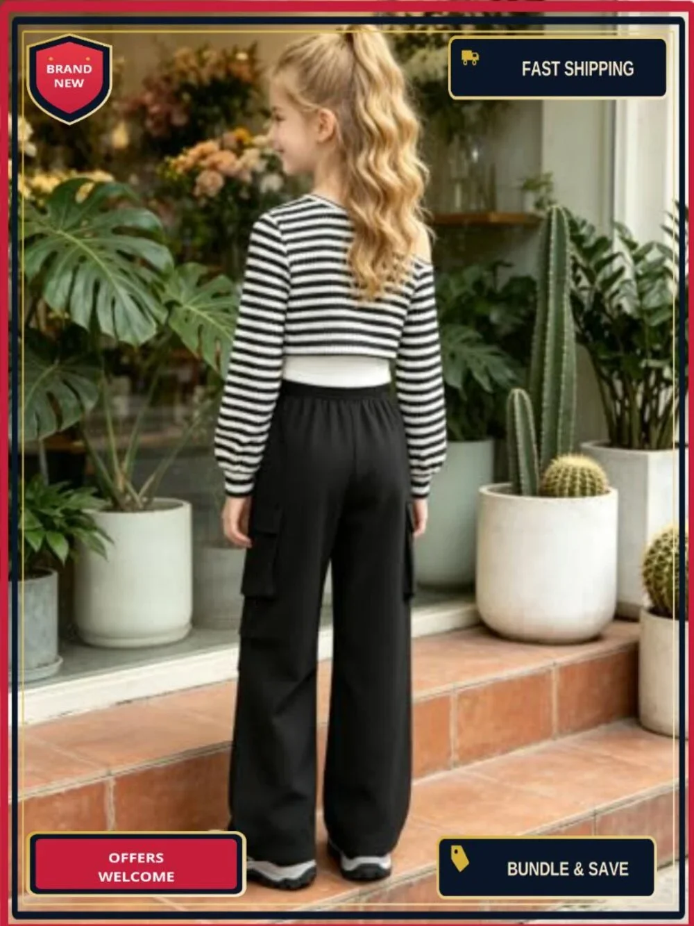 Girls 3 Piece Knit Off Shoulder Top & Cargo Pants Set